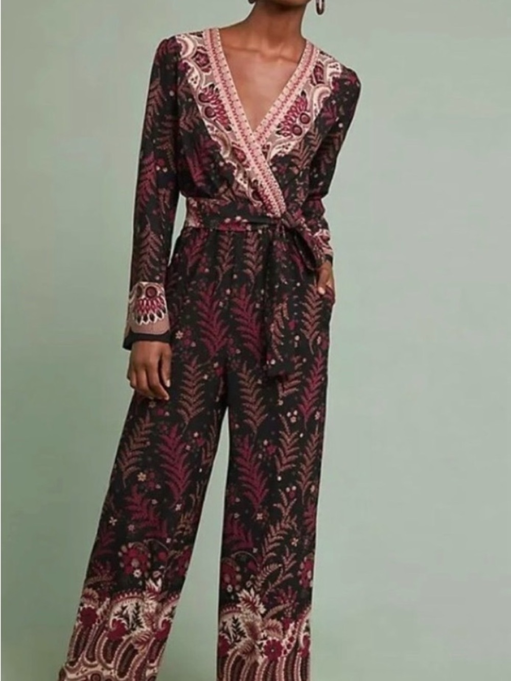 Anthropologie One September Women's Black & Burgundy Printed Wrap Jumpsuit
